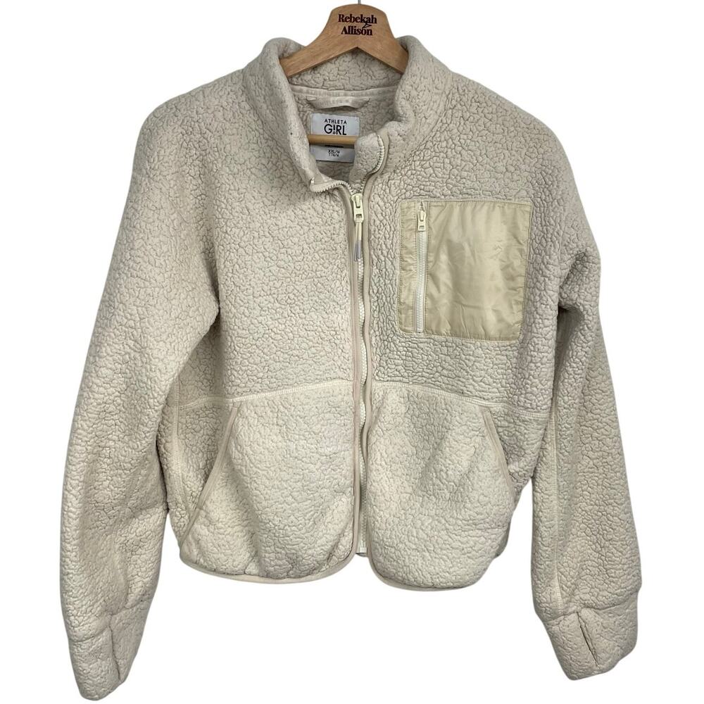 Athleta Girl Cozy Cream Sherpa Jacket SZ XXL Full Zip Pile Jacket Zip Pocket